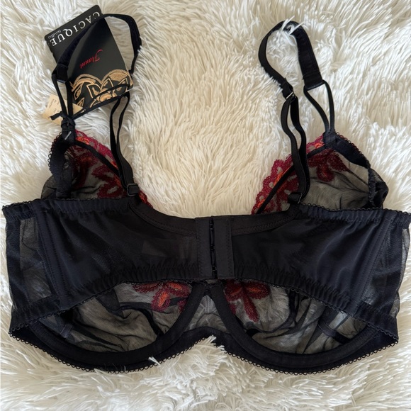 Cacique Sheer Underwire Bra Black with Red and Orange Floral Embroidered 40DDD - Picture 6 of 8